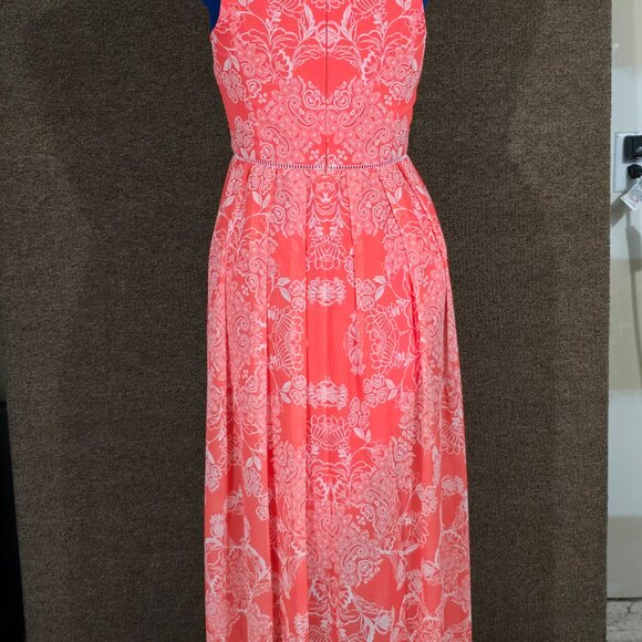 Vince Camuto Womens Printed Chiffon Maxi Coral Dress Sz 12P Pre-owned - Picture 3 of 9